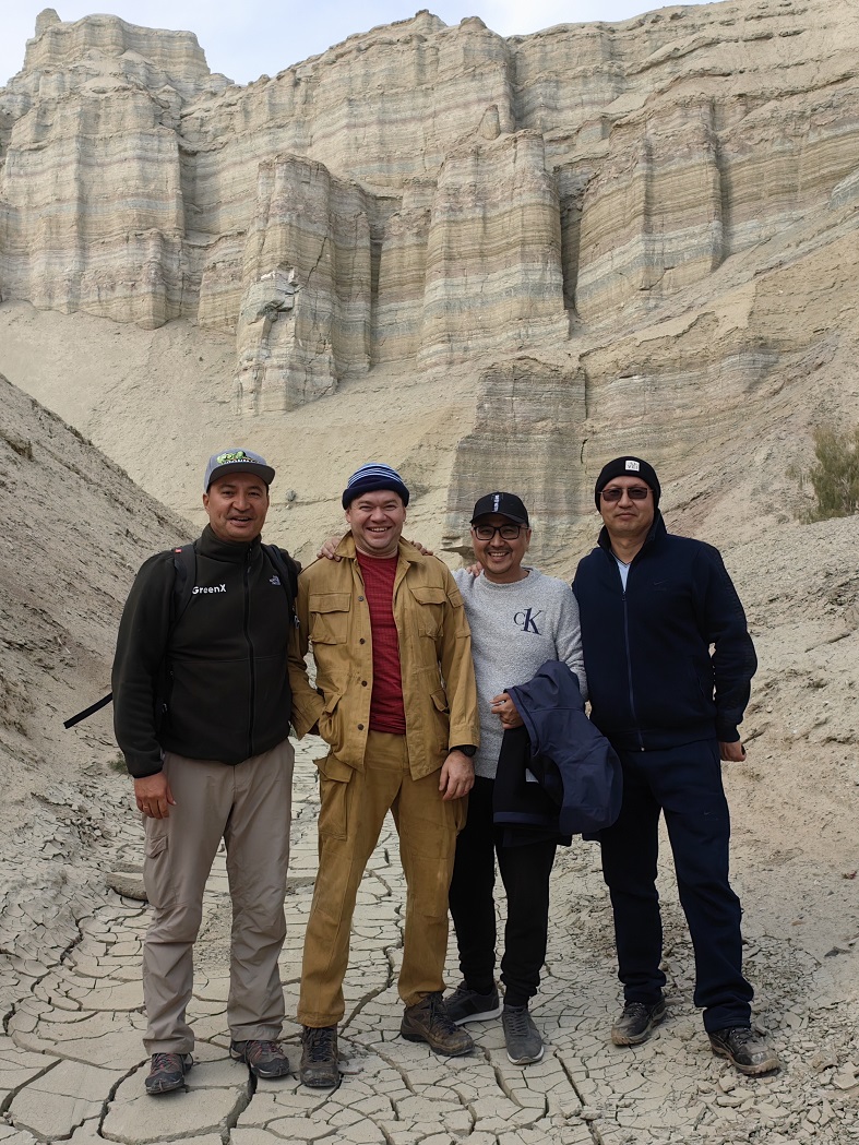 Guests and guide Azamat, Aktau Mountains, Kazakhstan